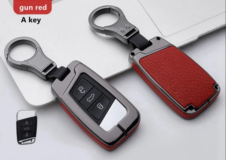 A key gun red Высококачественный автомобильный кожаный и металлический чехол для ключей, брелок для Volkswagen Tiguan MK2 CC Passat B8 для Skoda A7 Octavia Superb - Название цвета: A key gun red