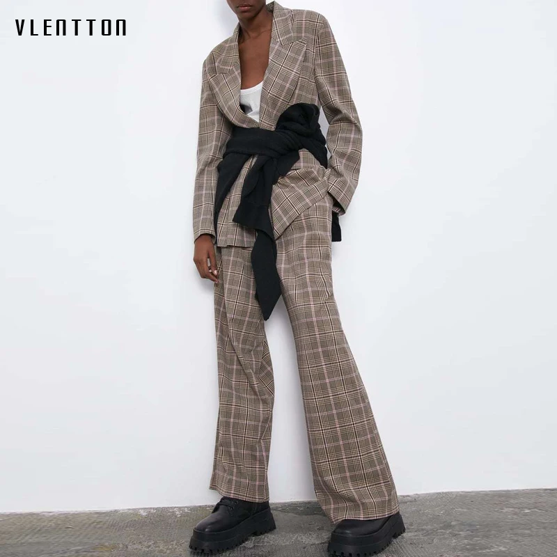 Женский Повседневный двубортный пиджак винтажный и широкие брюки комплект из