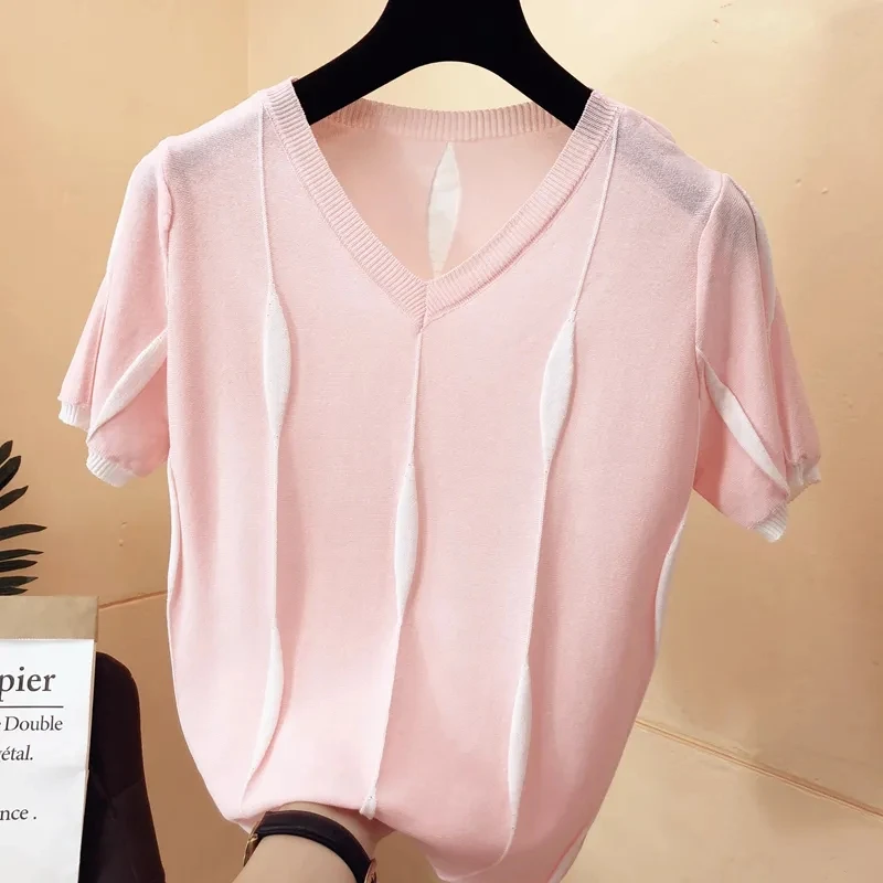 

Korean Fashion Stripe Contrast Color Knitted Tops Summer V-Neck Short Sleeve T-Shirt Women Plus Size Knitwear Pullover Tee