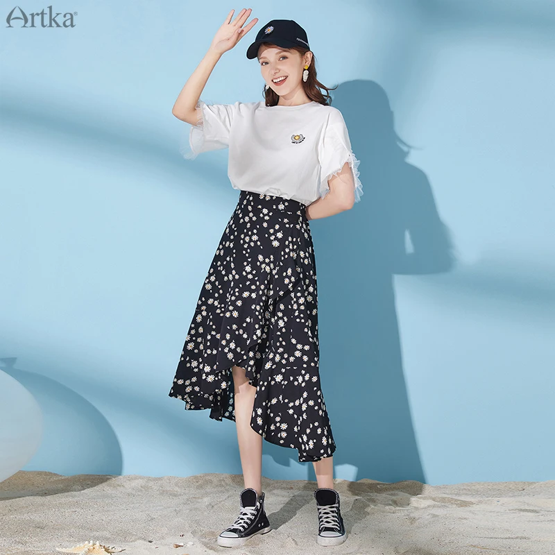 

Женская длинная юбка с оборками ARTKA, элегантная шифоновая юбка с цветочным принтом, с ромашками, QA20305X, для лета, 2020