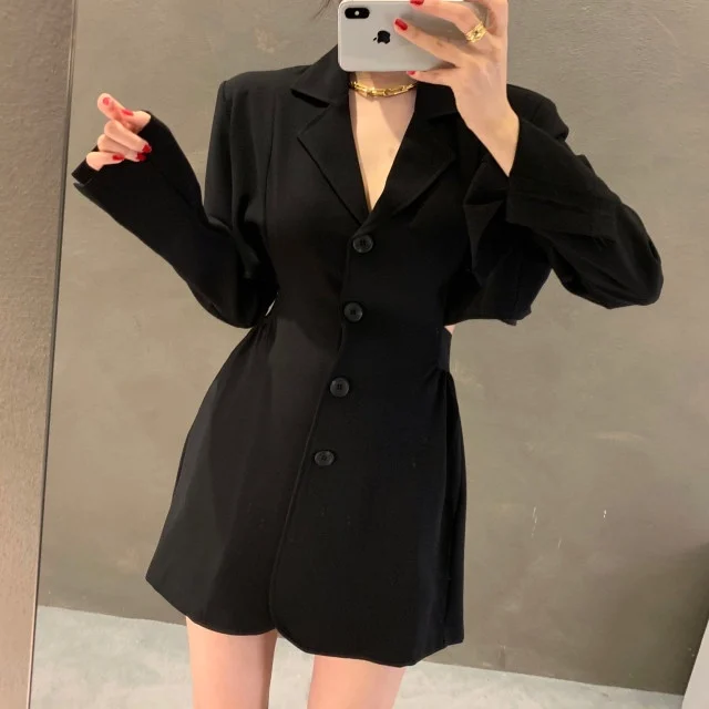 

Korean Chic French Minority Spring and Autumn Elegant Loose Slimming Mid-Length High Waist Long Sleeves Suit Dress