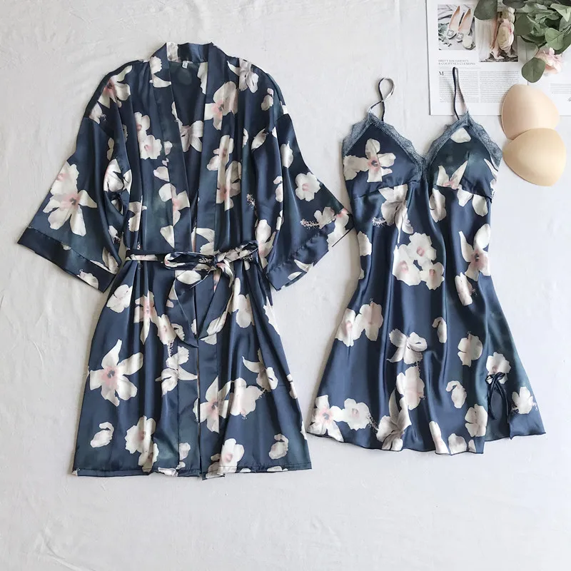 

Sexy 2PCS Nighty&Robe Set Print Flower Sleepwear Nightdress Kimono Robe Gown Women Satin Nightwear Intimate Lingerie Homewear