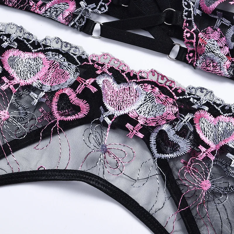 

Yimunancy 3 Piece Bra Set Women Embrodiery Transparent Bra + Floral Panty Heart Pattern Sexy Lingerie Set
