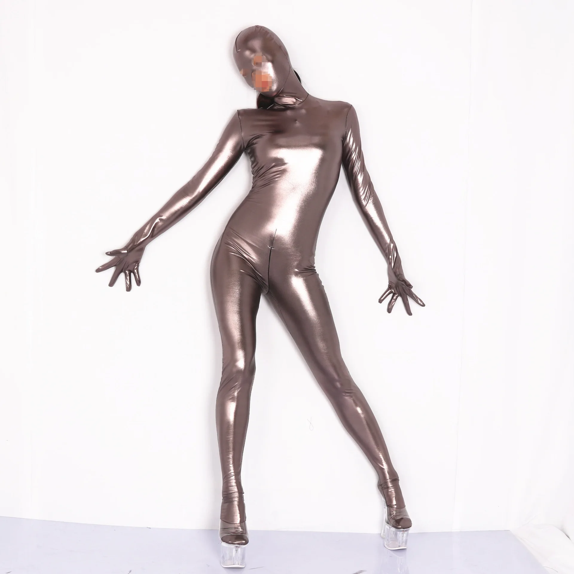 

S-XXXL Plus Size PU Leather Coating Glitter Jumpsuit One Piece Tights Full Coat Zentai Bodysuit Stage Costume Props Bodystocking