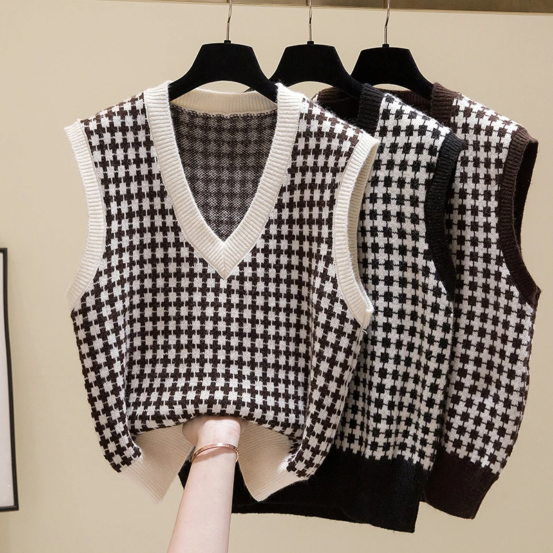 

Plaid Vest Korean Style Fashion Pullovers For Women'S Ladies Autumn Winter 2021 Clothing Sweater Tops Blouse Female Coats