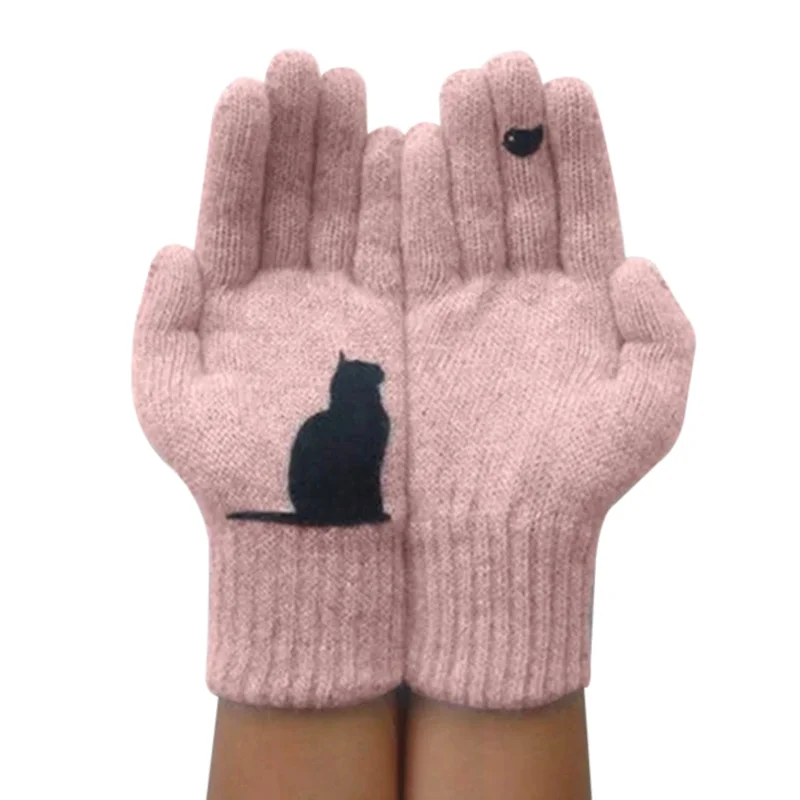 

Hot Selling Cat Gloves for Women Woolen Gloves Autumn Winter Outdoor Warm Cold Protection Padded Cat Printed Gloves