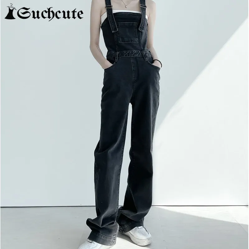 

SUCHCUTE Vintage Solid Women Overalls Jeans Harajuku Streetwear Casual Denim Trousers Korean Fashion Ladies Baggy Black Pants