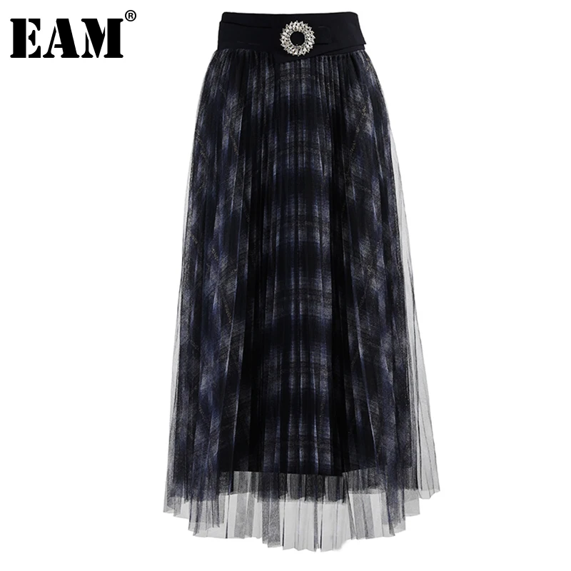 

[EAM] высокая эластичная талия темно-синяя клетчатая сетчатая длинная Праздничная Асимметричная юбка для женщин, модная новинка весна-осень ...