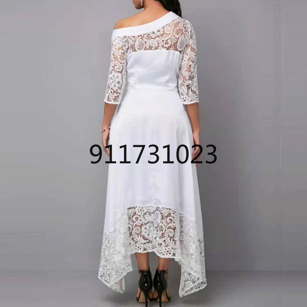 Summer Women Dress Elegant Sexy Diagonal Collar Lace Evening Party White Hook Flower Hollow Pockets Irregular Long | Женская одежда