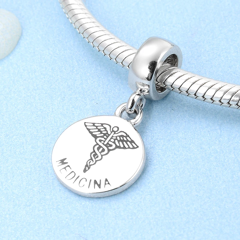 Medical sign 925 Sterling Silver MEDICINA letter fine Pendants beads Fit Original europeu Charm Bracelet Jewelry making | Украшения и