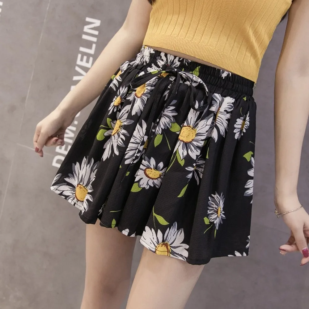 

Lugentolo Pleated Mini Shorts Skirt Women Summer Chiffon Korean High Waist Lace Up Print Loose Casual Shorts Women