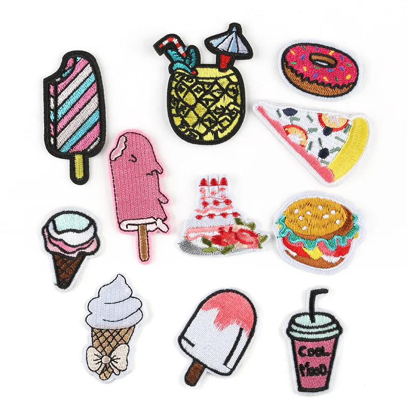 

100pcs/lot Embroidery Patch Burger Fries Cherry Cake Ice Cream Drink Food Clothing Decoration Sewing Accessory Diy Iron Applique