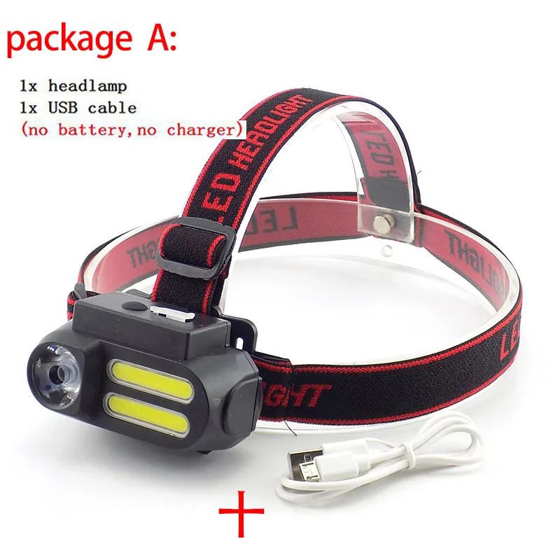 package A 3 Led XPE COB USB Перезаряжаемый налобный светильник 18650 фронтальная Налобная лампа фонарь светильник вспышка светильник для рыбалки кемпинга мощный - Испускаемый цвет: package A