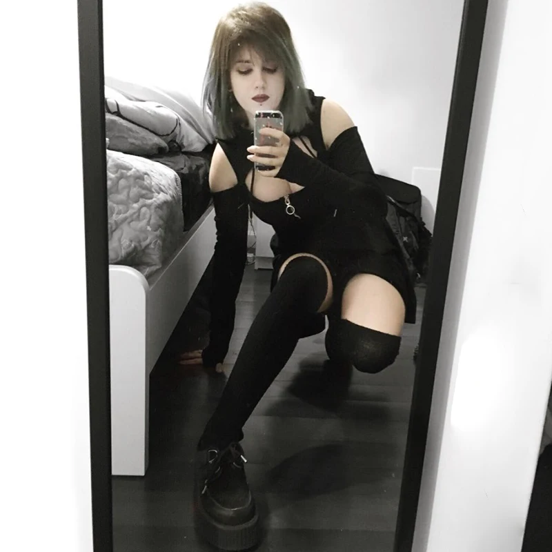 Женское платье с капюшоном Goth модное весеннее повседневное черное уличное для