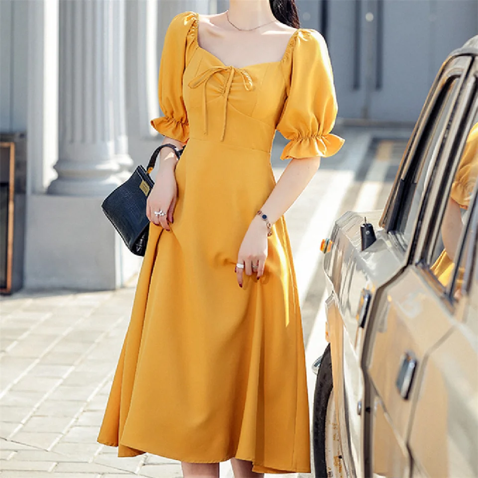 

Summer Sexy Ruffle Shirring Slim A-Line Beach Dress Women Vintage V-Neck Female Dress Casual Holiday Party Dresses Vestidos