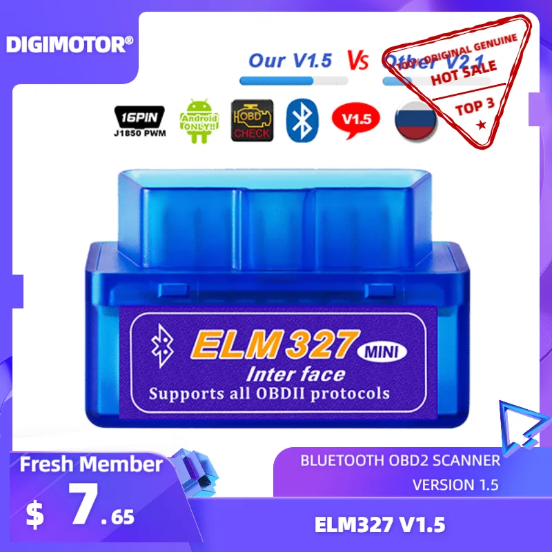 Реальный ELM327 V1.5 Bluetooth OBD2 сканер Android автомобильный диагностический инструмент OBDII