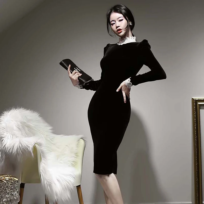 

Turtleneck Long Sleeve Pleuche Korea Women Night Club Party Dresses Skinny Slim Fit Knee-length Elegant Ladies OL Dress Clothes