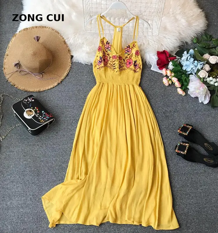 

Bohemia Holiday Embroidery Flowers Sexy V-collar Beach Dress High Back Slim Waist Ladies Boho Summer Vestidos Pink Robes 2021