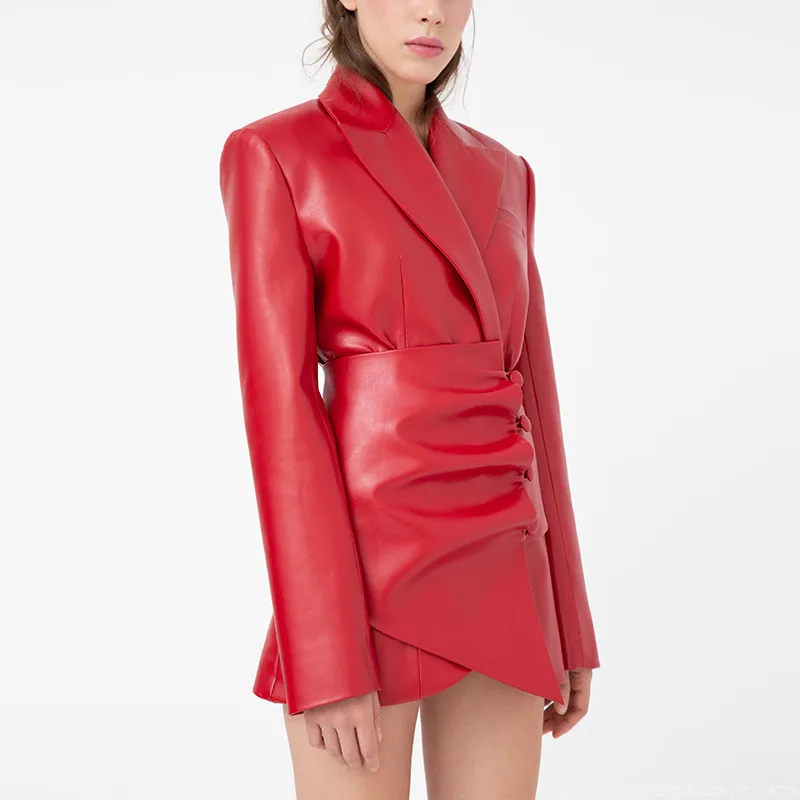 WHITNEY WANG Autumn Winter Fashion Streetwear Asymmetrical PU Jacket Women Faux Leather Jacket Coat Outerwear