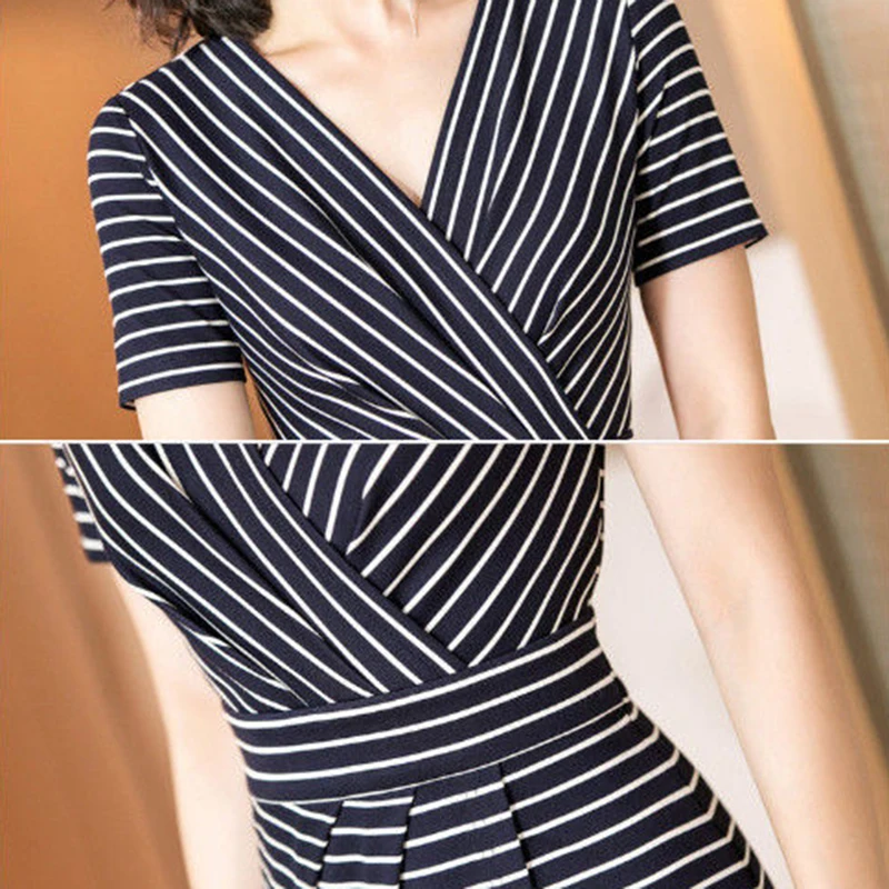 

Pure Cotton Striped Dress Women 2021 Summer Casual V-Neck Short Sleeve Slim Dress Korean Fashion Irregular Hem Mid-Length Dress