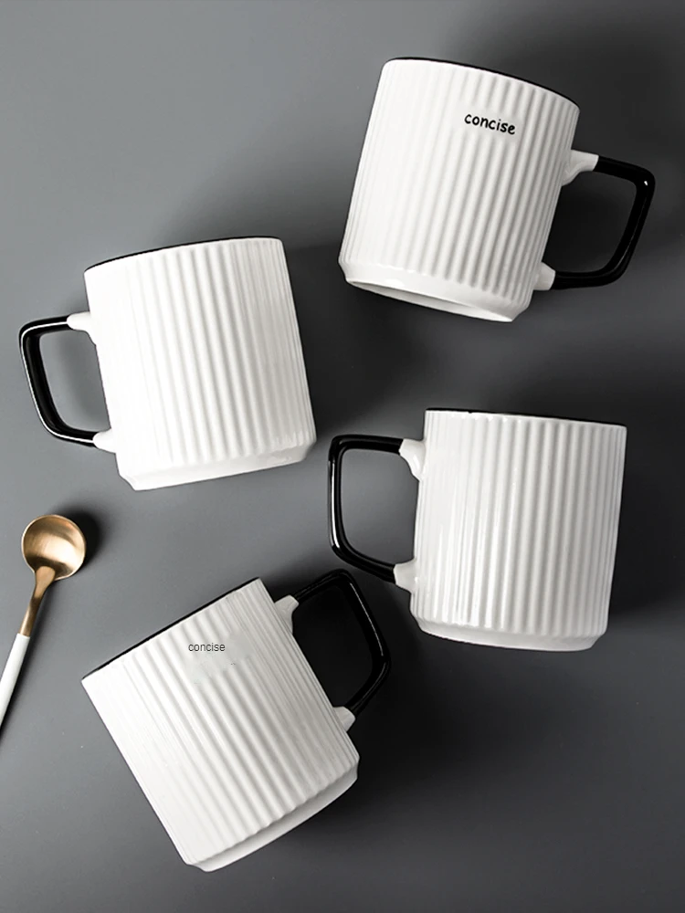 

400ml Vertical Stripe Mug White Ceramic Cup for Girls Couple Drinking Utensils Home Office Coffee Cups Kitchen Tea Drinkware