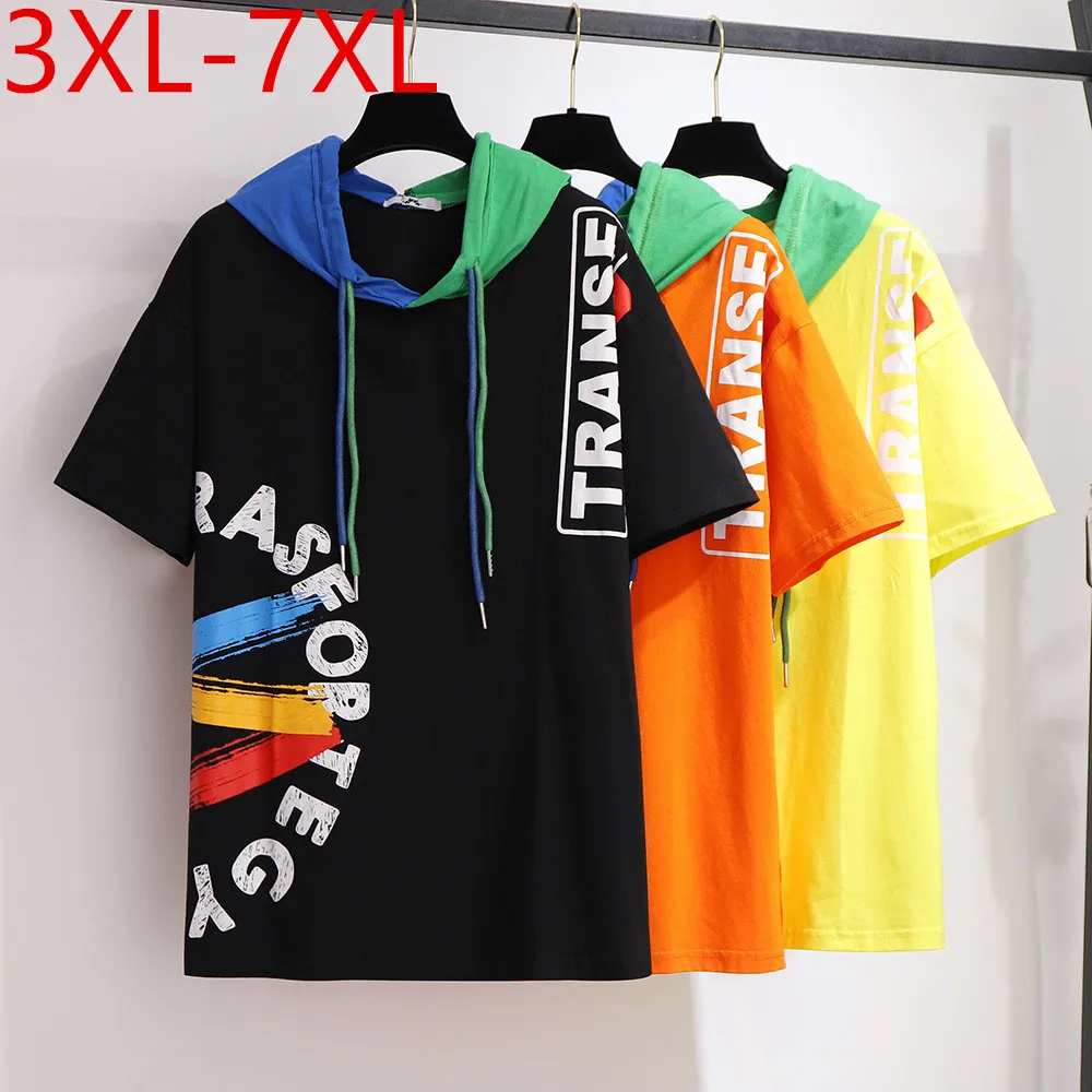 

New 2021 summer plus size tops for women hoodie large loose short sleeve print cotton T-shirt black yellow 3XL 4XL 5XL 6XL 7XL