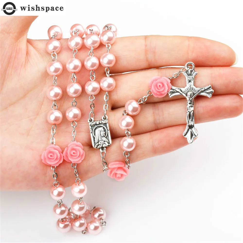 

wishspace 6MM glass imitation pearls pink roses Catholic rosary necklace sweater necklace long cross of Christ Our Lady of reli