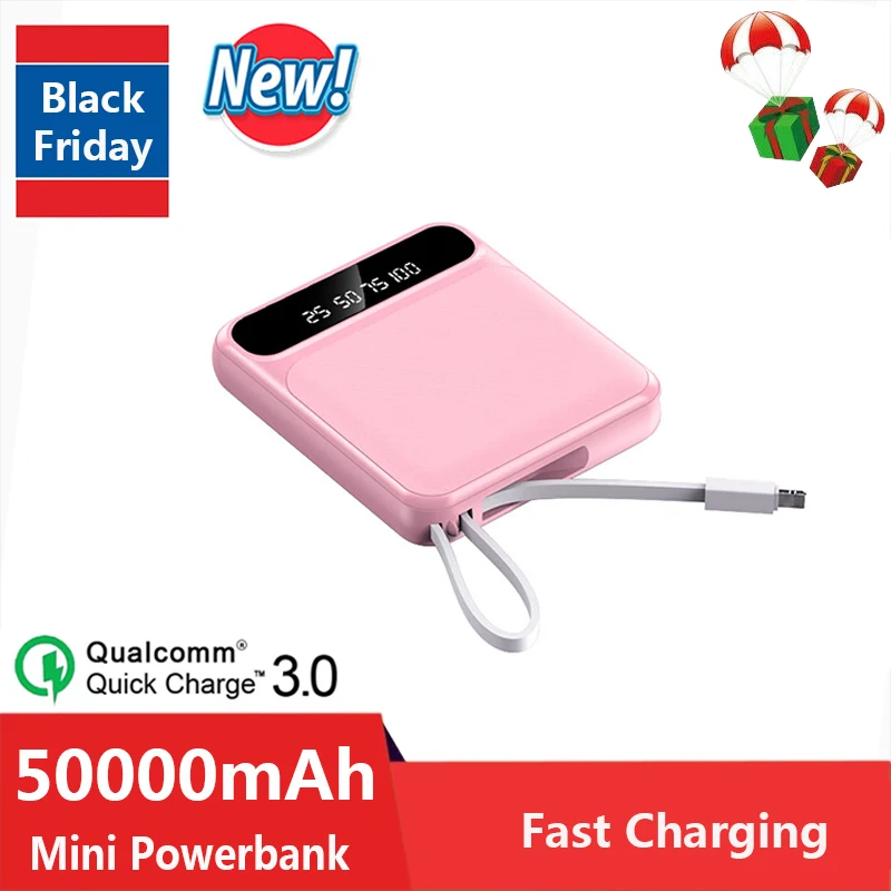 

New Fast Charging 50000mAh Mini Power Bank Built-in Charging Cable Outdoor Portable External Battery for Xiaomi IPhone Huawei