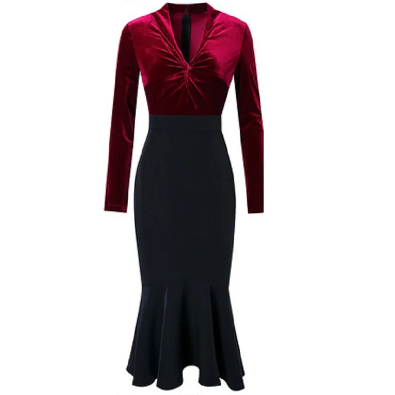 

Fashion Retro Solid 2021 Light luxury lady dress women's V-neck velvet autumn and winter new sexy buttock fish tail skirt Plus