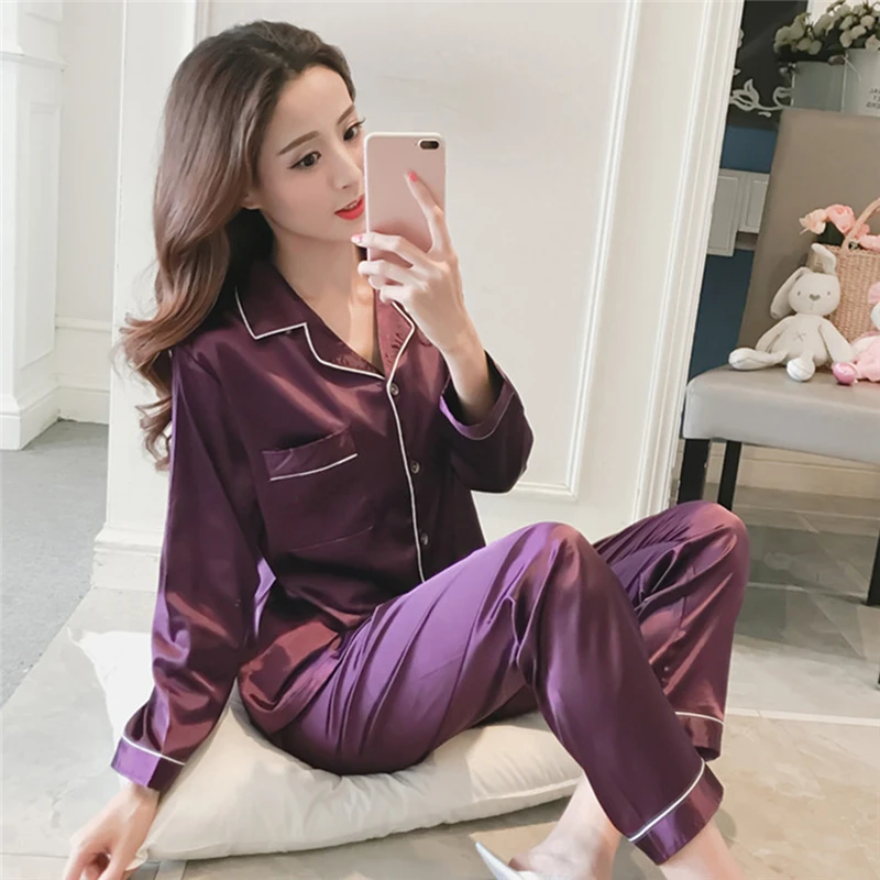 

Women's Satin Pajamas Set Long Sleeve and Long Button-Down Sleepwear Loungewear M-5XL