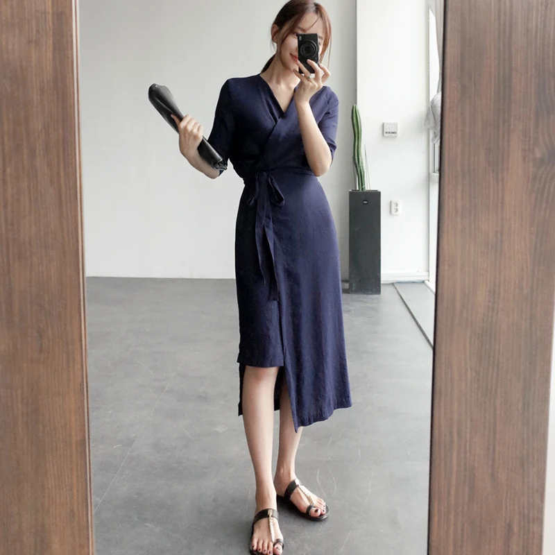 Женское однобортное платье с V-образным вырезом длинным рукавом | Женская одежда