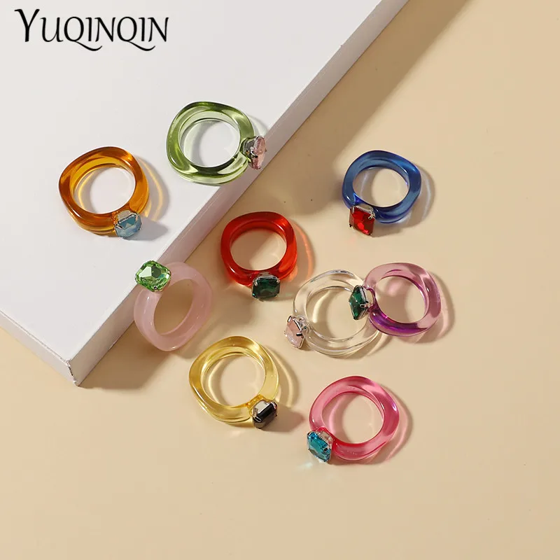 

Fashion Acrylic Colorful Rectangle Rhinestone Rings for Women Big Transparent Finger Ring Girls Vintage Female Beautiful Jewelry