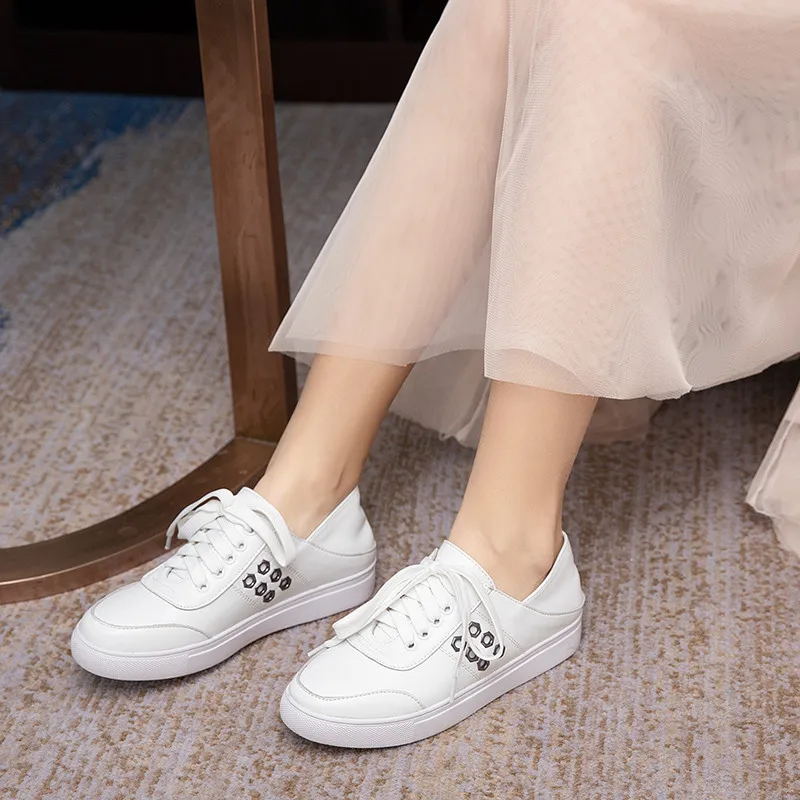 

Drestrive Women Casual Shoes Cow Leather Metal Flats Round Toe Lace Up Sport Sneakers Low Heel Full Genuine Leather White