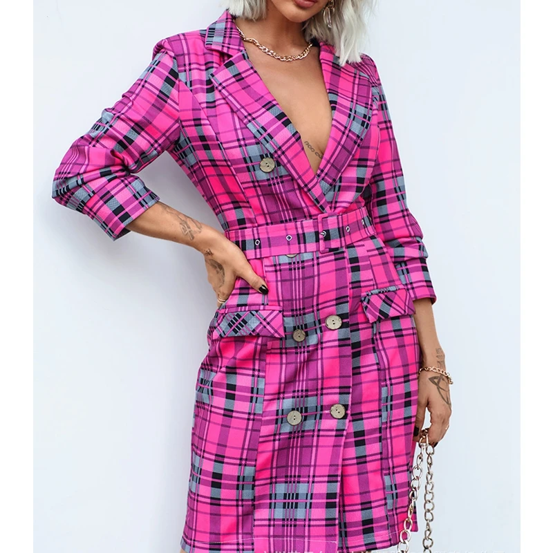

Wepbel двубортное платье на бретельках с высокой талией, клетчатое платье-блейзер с лацканами, женское платье с длинным рукавом, V-образным вырезом, облегающее платье