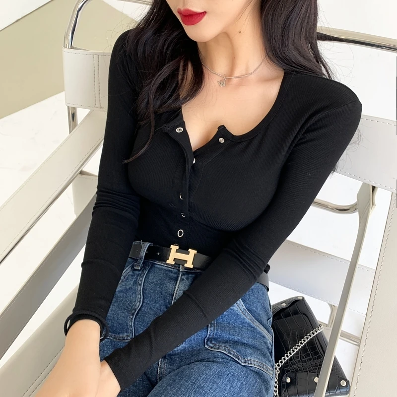 

Женская футболка с длинным рукавом, однотонная тонкая эластичная футболка с круглым вырезом, модель T038 на осень, 2021