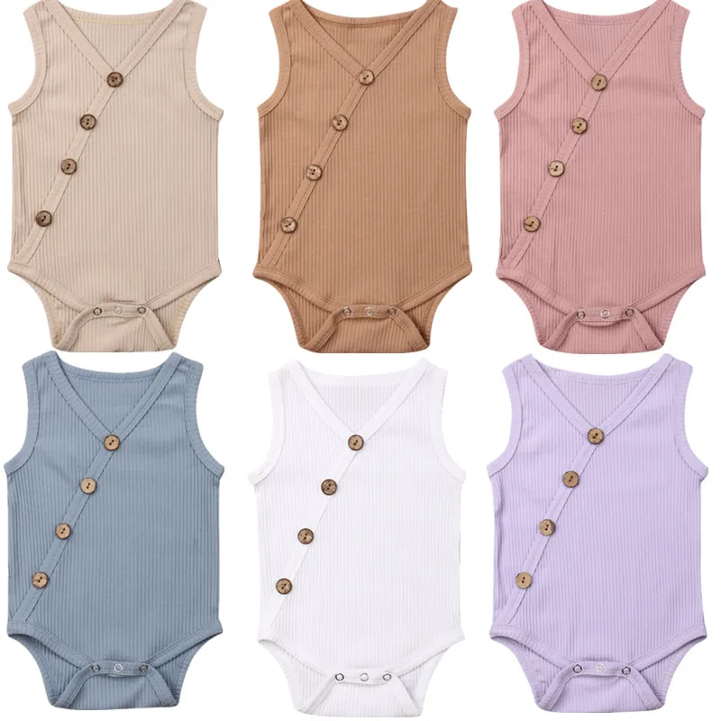 

Summer Newborn Toddler Boy Girl Solid Jumpsuit Cotton Romper Sleeveless Button Outfit