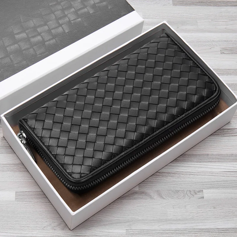 

2021 New Leather Men's Wallet Long Woven Leather Bag Luxury Brand Clutch Simple Fashionable Lady Wallet Large Capacity Sheepskin
