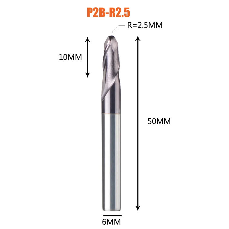 1PC-P2B-R2.5 1 шт. торцевая фреза с шариковым концом 2 флейты R0.5-R6.0 фрезерный станок с ЧПУ для обработки металлических граней и пазов hrc50 концевые фрезы с покрытием - Длина режущей кромки: 1PC-P2B-R2.5