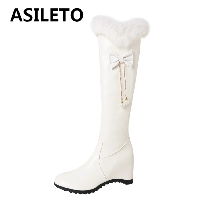 

ASILETO 2021 Sweet Girls Knee High Boots сапоги женские зимние Round Toe Wedges Increased Zipper Charm Big Size Winter S2723