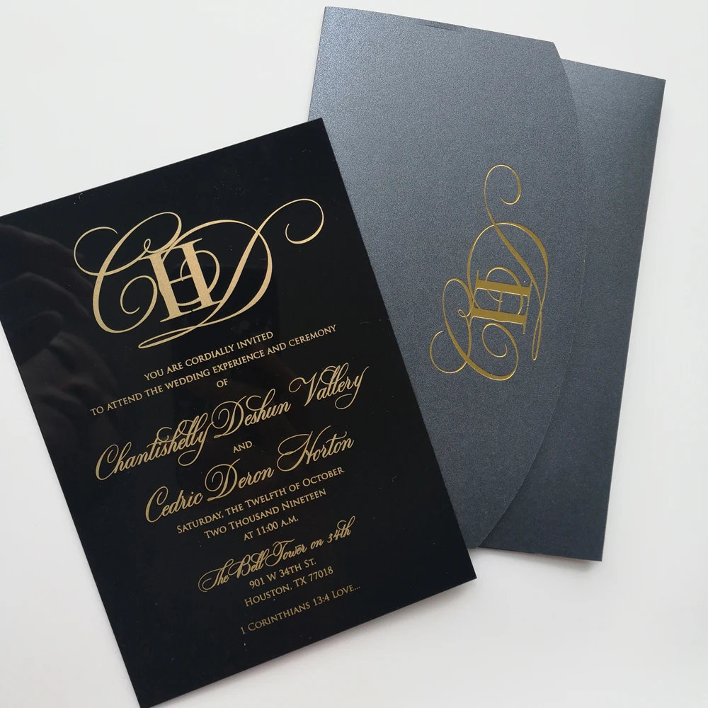 Черная акриловая открытка с золотыми буквами из фольги бесплатный логотип