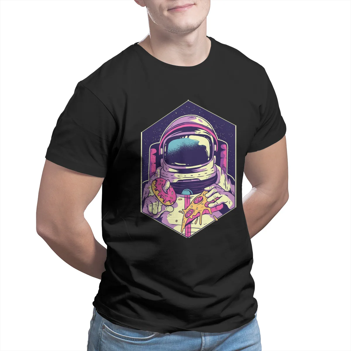 

Men's T-shirts Astronaut Eating Donut And Pizza Fashion Funny Couples Matching Punk Sleeve Streetwear Tees 32879