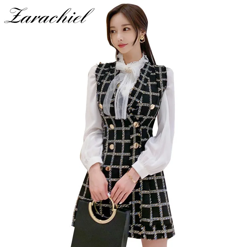 Женский твидовый комплект из 2 предметов рубашка с воротником бантом со стразами