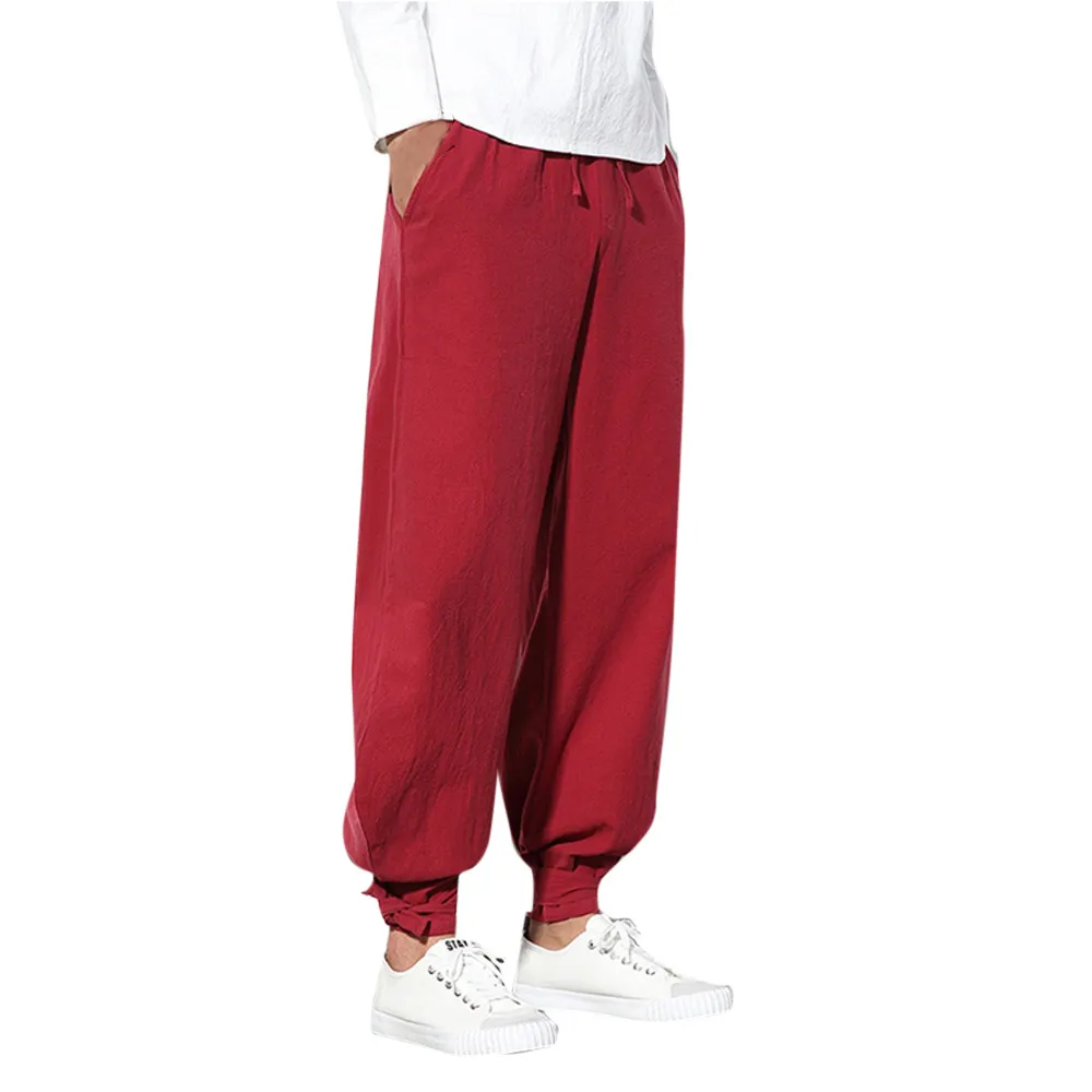 

Men's Pure Color Trousers Cotton Linen Small Feet Loose Casual Lantern PantZ0220