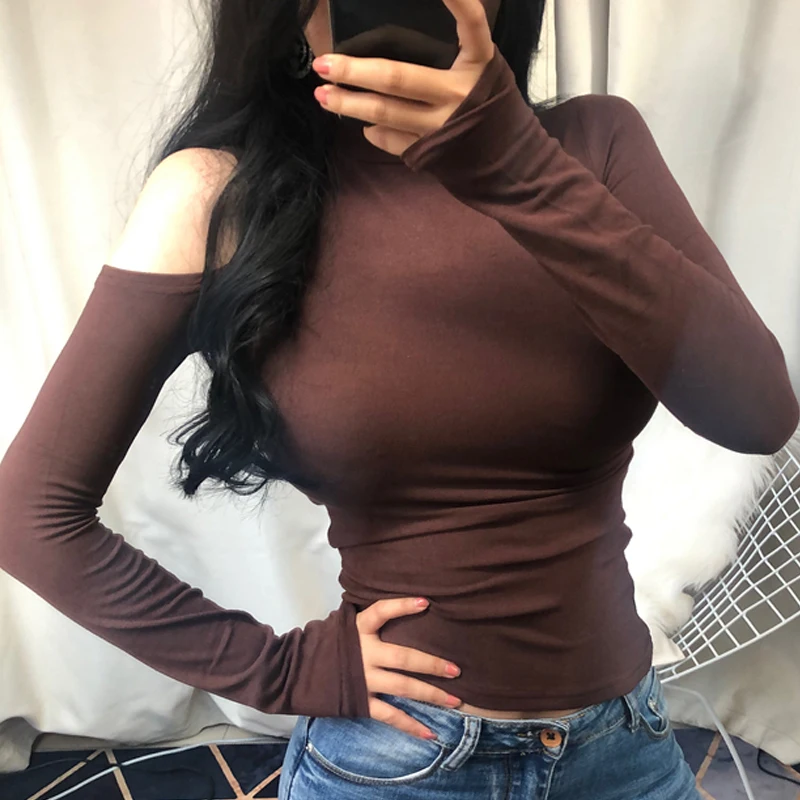 Shintimes сексуальные высокоэластичные топы с открытыми плечами футболка Femme 2019