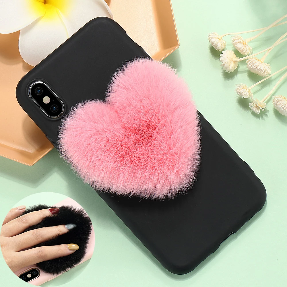 LAPOPNUT Роскошный милый 3D меховой помпон плюшевый чехол с сердечком для IPhone 11 Pro Max Xr X