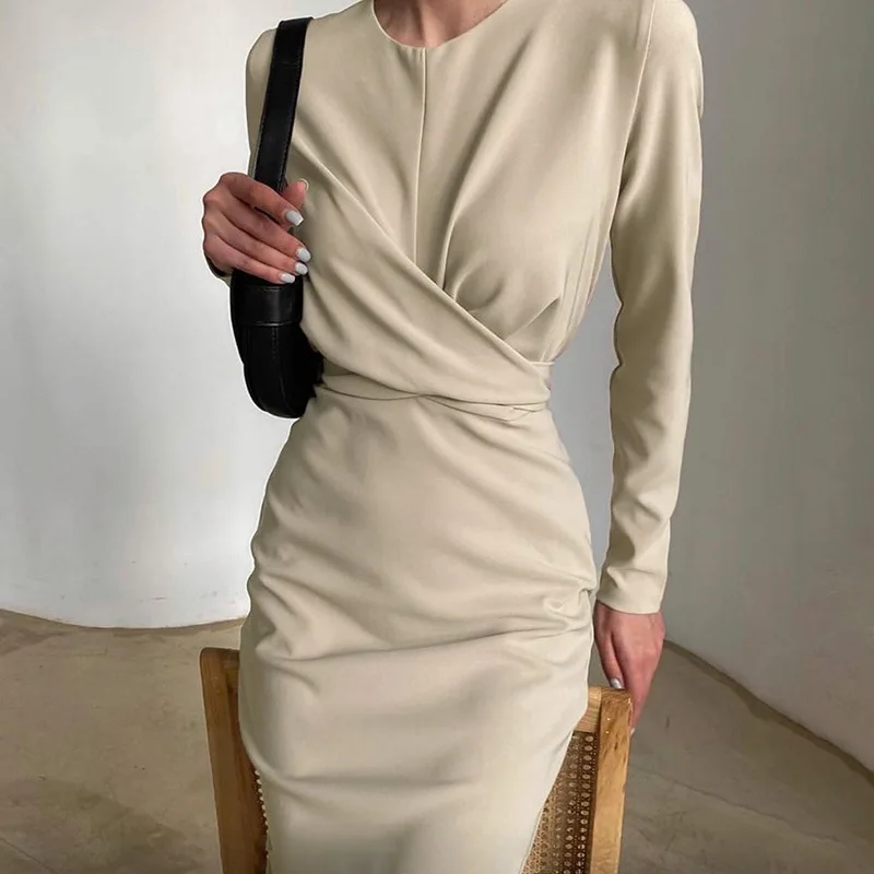 

Women's Dress for New Year 2022 O-Neck Long Sleeve Knee-Length Straight Elegant Party Dresses Autumn Solid Casual Office Lady