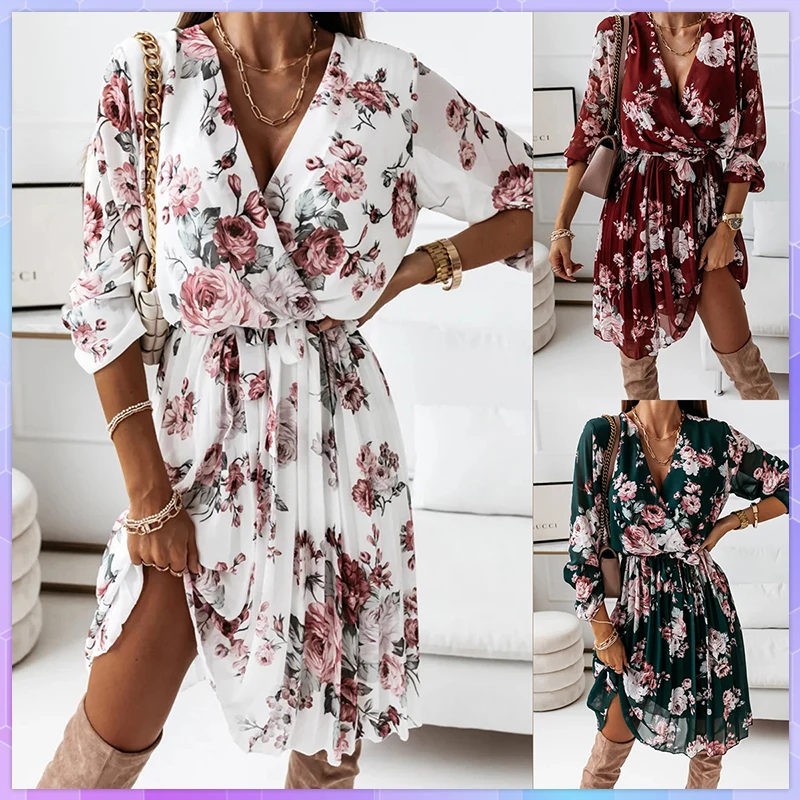 

Women's Casual Long Sleeve A-Line Pleated Dress Vestidos Elegant Floral Print Ruffle Dresses Summer Sexy V-Neck Party Ropa Mujer
