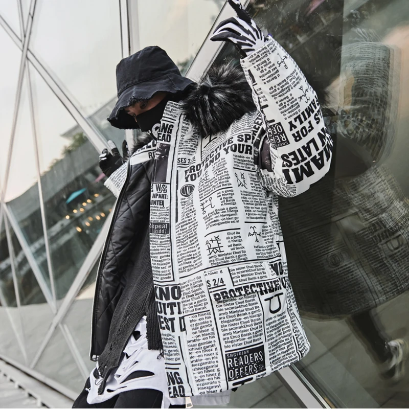 Парка мужская с принтом газет в стиле хип-хоп зимняя пуховая куртка мехом теплая