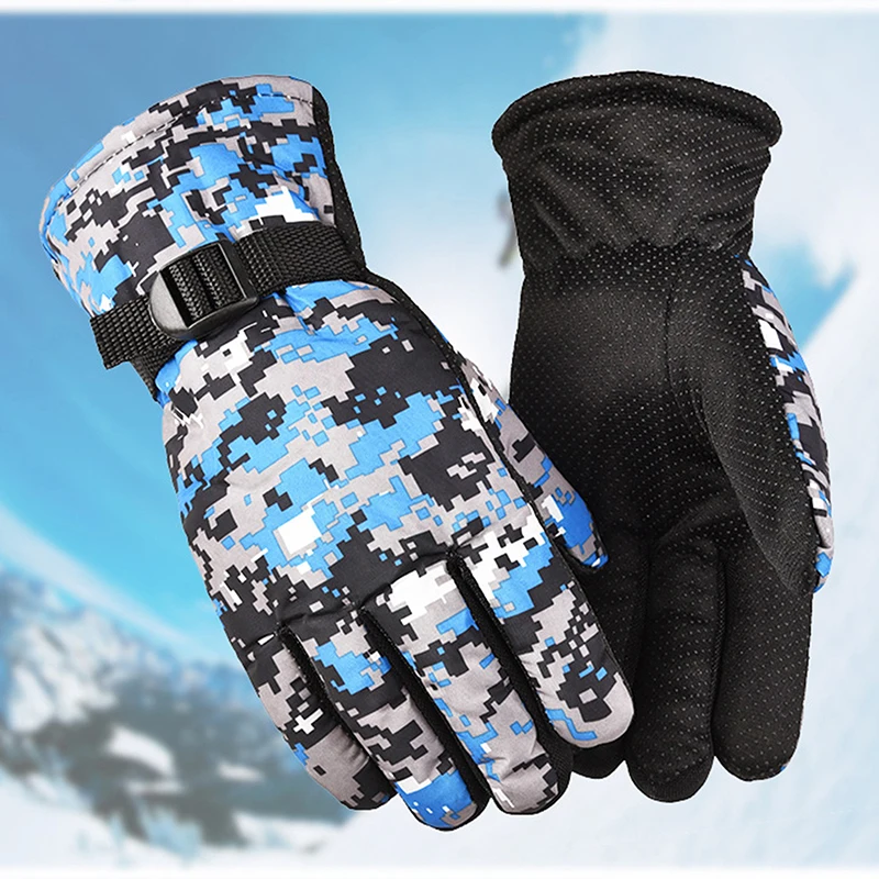 

Men Winter Thermal Full Finger Gloves Thick Plush Lining Camouflage Print Anti-Slip Palm Adjustable Snow Ski Gloves