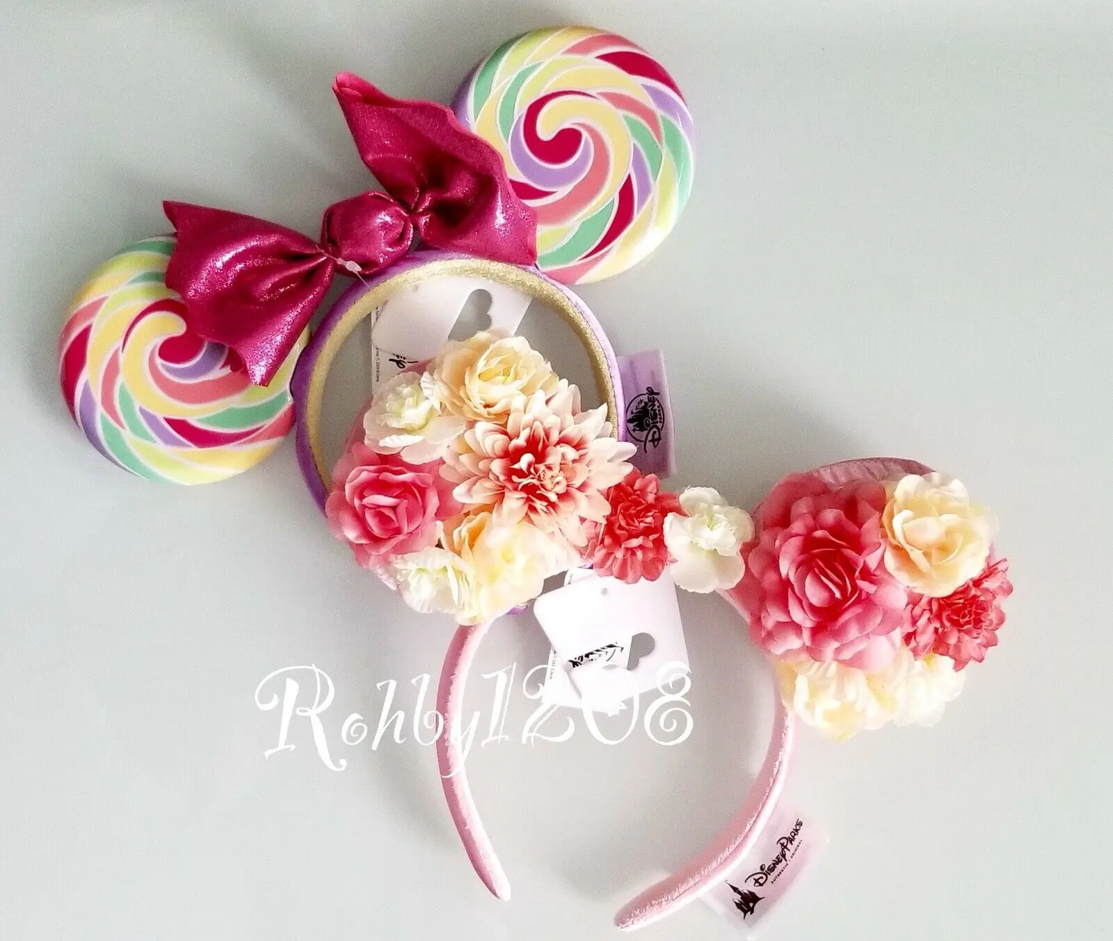 Персиковый розовый цветок Цветочная Корона Swirl Lollipop уши Минни Маус повязка на